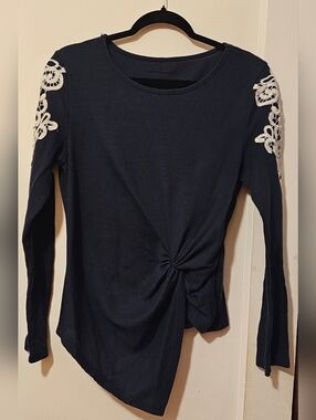 Women’s Navy Long-Sleeve Knot Front Top with Lace Shoulder Detail